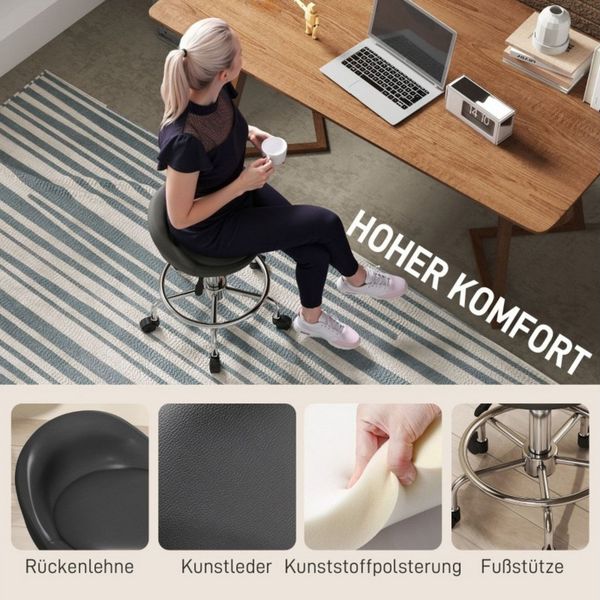 SeedWave Drehhocker Rollhocker höhenverstellbar mit Rückenlehne Drehhocker 59-75 cm, Arbeitshocker 360° drehbar Hocker Bürohocker für Büro Salon Massage