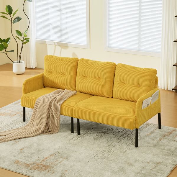 3-Sitzer Sofa B 171 x T 72 x H 80 cm aus Cord in Gelb mit Seitentasche