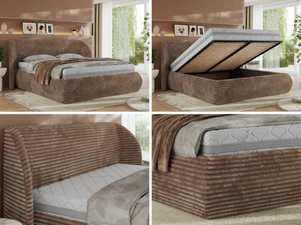 Polsterbett mit Lattenrost, Doppelbett Bettkasten, Bettgestell mit Gasdruckfeder Multipocket Matratze Härtegrad H3/H4 - CAELA CLASSIC - 180 x 200 cm - Braun Cord - ELORI LUX Bild 2