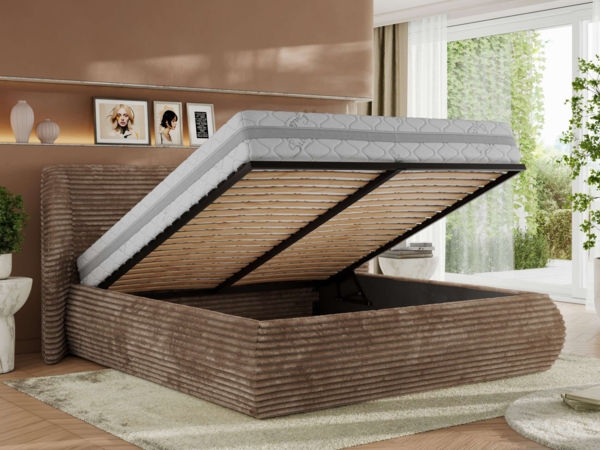 Polsterbett mit Lattenrost, Doppelbett Bettkasten, Bettgestell mit Gasdruckfeder Multipocket Matratze Härtegrad H3/H4 - CAELA CLASSIC - 180 x 200 cm - Braun Cord - ELORI LUX Bild 3