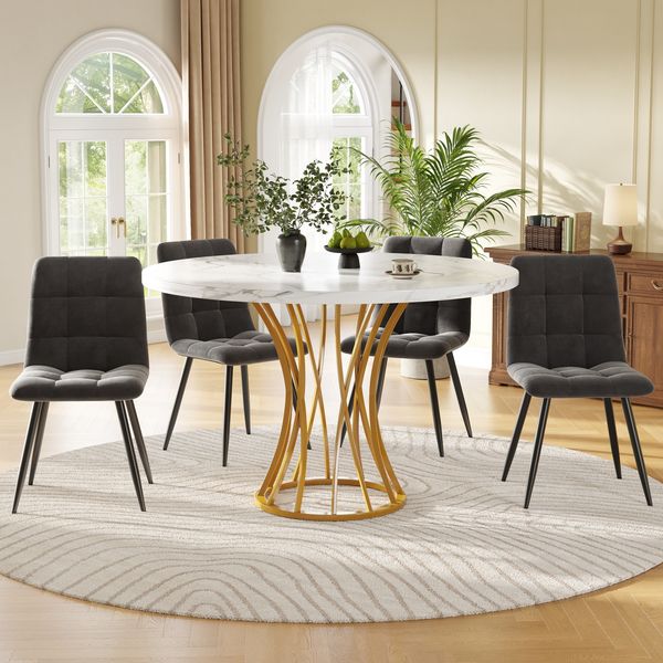 Merax Essgruppen, Esstisch-Set (5 Teile), Esstisch-Set mit 4 Stühlen, modernes Küchentisch-Set, runder Küchentisch mit 80 cm Durchmesser, goldene Metallbeine, weiß marmorierte Tischplatte, graue Samt-Esszimmerstühle