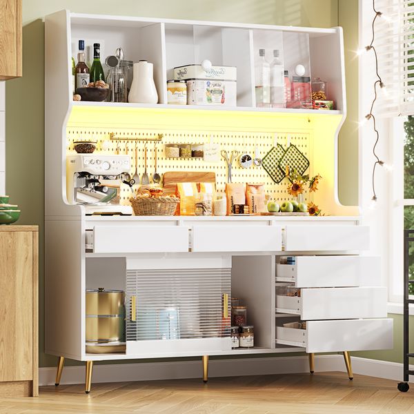 Sideboard 145x39x171 cm, mit Schiebetüren, LED-Beleuchtung und geriffelter Glasfront, Weiß