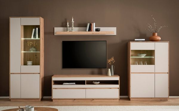 Home affaire Wohnwand Sonora, moderne Anbauwand, Komplettset in Kaschmir/Eiche, (Komplett-Set, 4-St), enthält Vitrinen, Lowboard und Wandboard, 342 cm breit