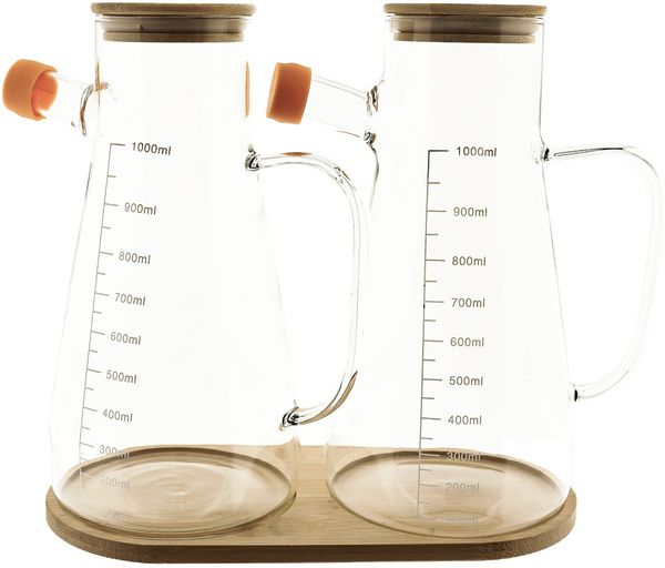 Elegantes 3-teiliges Ölbehälter-Set aus Glas mit Bambusdeckel & Untersetzer