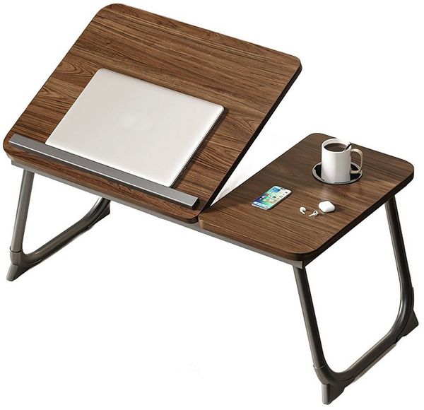 HEYHIPPO Klapptisch Verstellbarer Knietisch mit Getränkehalter, klappbarer Schreibtisch (Ergonomisches Design Sofatisch Frühstückstablett Walnussfarbe, Laptopständer,kleiner Schreibtisch für Studium und Arbeit,Schlafzimmer), Tragbarer kleiner Nachttisc...