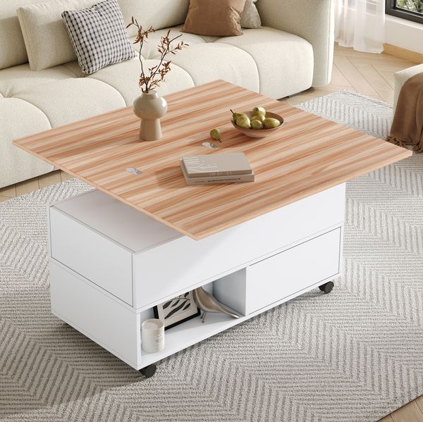 Couchtisch 100 x 50 x 52 cm mit 4 Schubladen und Rollen – höhenverstellbar, ausklappbar auf 100x100 cm