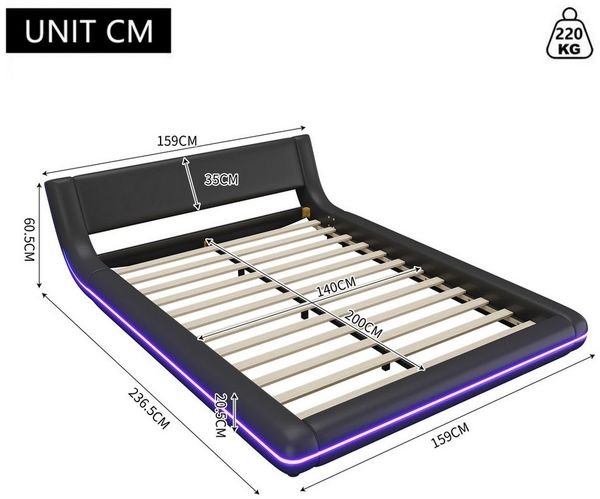 Ulife Polsterbett modern Design Doppelbett mit LED-Umgebungslicht Lattenrosten (1-tlg), Schwarz 140X200cm