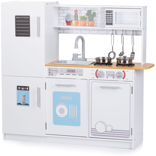 Chipolino Holz-Kinderküche 80 cm LED-Licht Töpfe Waschmaschine Mikrowelle Spüle weiß