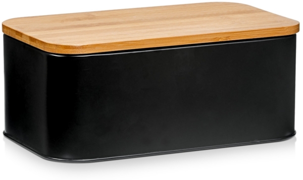 ZELLER 25372 Brotkasten mit Bambusdeckel, Metall, matt schwarz, 31 x 18 x 12,5 cm
