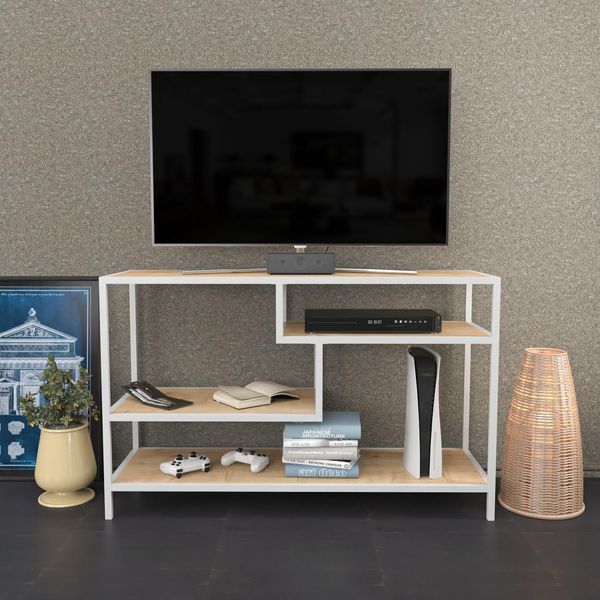 Hanah Home Scandinavian TV Stand, White & Oak, 120 x 39 x 75 cm | 100% Melamine Coated Particle Board, 18 mm Thick, Sturdy Metal Frame | Stylish & Functional Design