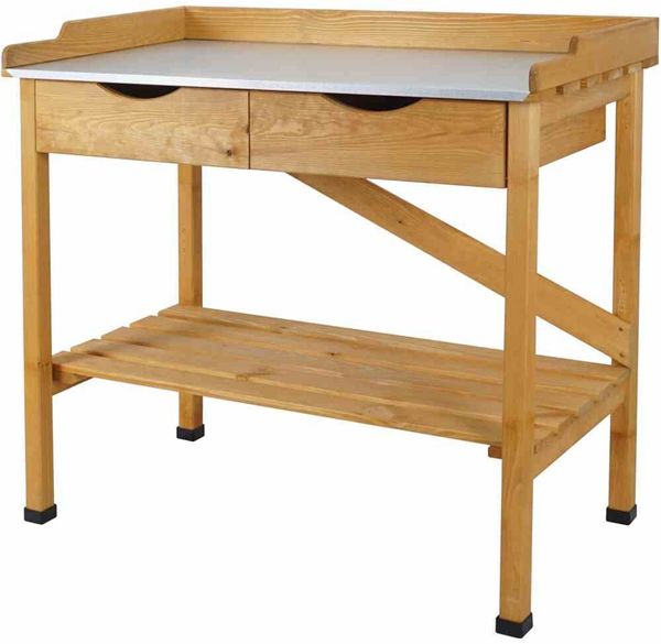 Pflanztisch Paola aus FSC® Kiefernholz 99 x 55 x 90 cm mit verzinkter Arbeitsfläche zwei Schubladen schadstofffrei