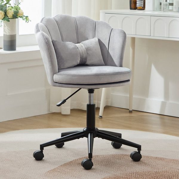 Flieks Drehstuhl mit Rollen Bürostuhl höhenverstellbar (mit schmetterlingsförmiges Lendenkissen und blütenblattförmige Rückenlehne, B55/T62/H73-63 cm), Schminktischstuhl Schreibtischstuhl Ankleidestuhl Samt