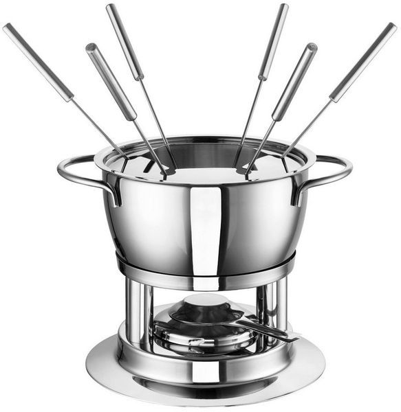 ROHE Germany Fonduetopf Fondue Fiona, Edelstahl 18/10 (Inklusive Topf, Gabeln, Brenner, 6 Fonduegabeln, Pastenbrenner), 6 Fonduegabeln mit Ziffern, Innenskalierung als Dosierhilfe