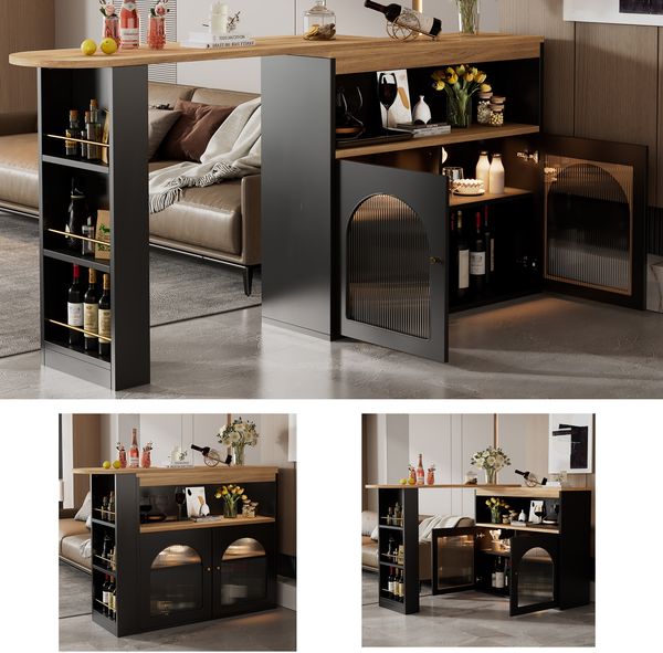 138-193X39X105CM Moderner ausziehbarer Bartisch ,Ausziehbarer Esstisch mit Stauraum , Stehtisch Bistrotisch, drehbar, für Esszimmer,Mit 1m langem LED Lichtstreifen(Einstellbare Lichtfarbe),Schwarz