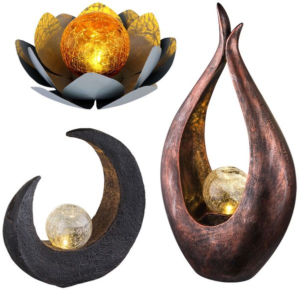 3x Gartenlampe, Lotusblüte, Skulptur, Glas klar, warmweiß