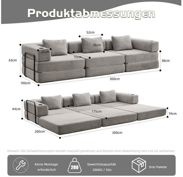 Leawin Sofa Sofas Wohnzimmer, 3-Sitzer Sofa mit Bettfunktion aus Cord, Modulares Schlafsofa, flexibel und bequem mit Kissen