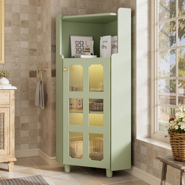 Eckschrank mit LED Beleuchtung APP, Lack MDF Feuchtigkeitsschutz, offen & geschlossen, Kippsicherung, für Bad Wohnzimmer,Grün