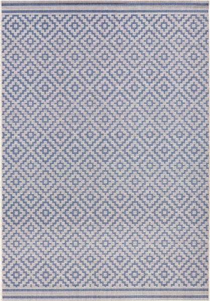 In- & Outdoor Teppich Raute blau/creme - 80x200x0,8cm