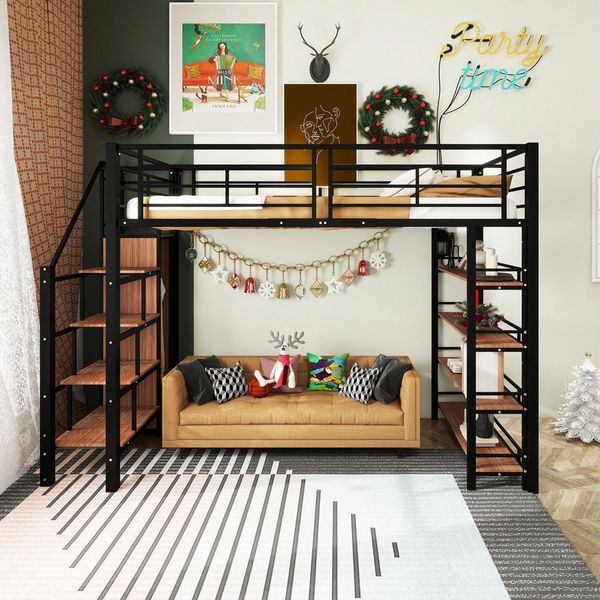 OKWISH Kinderbett Hochbett Metallbett Stauraumbett Gästebett (mit Sicherheitstreppe, Stauraum und kleinem Kleiderschrank, mit Einlegeböden, hohes Zaundesign, Einzelbett, Jugendbett), ohne Matratze