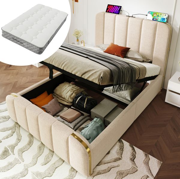Polsterbett 90x200 cm mit Stauraum, USB/Typ-C und Matratze – beiges Einzelbett aus Leinen