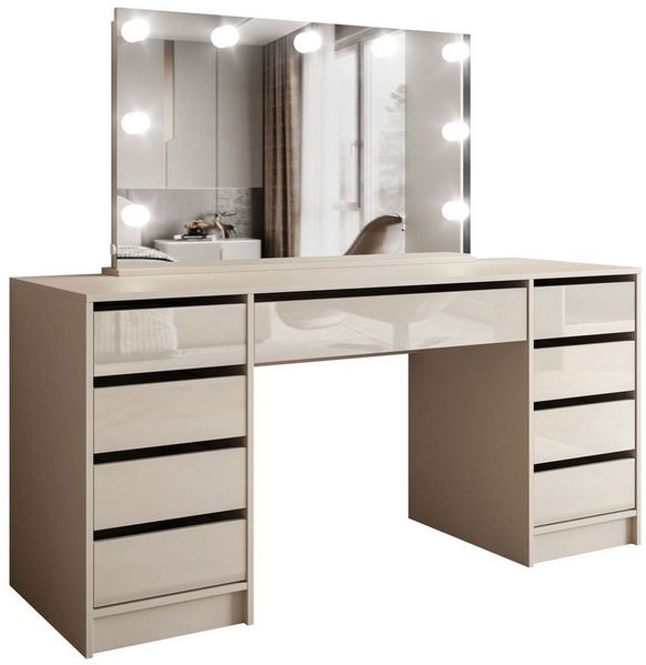ALLHOUSE24 Schminktisch MAYA mit Spiegel und LED Beleuchtung Glanz Kosmetiktisch Schreibtisch, Breite 152 cm
