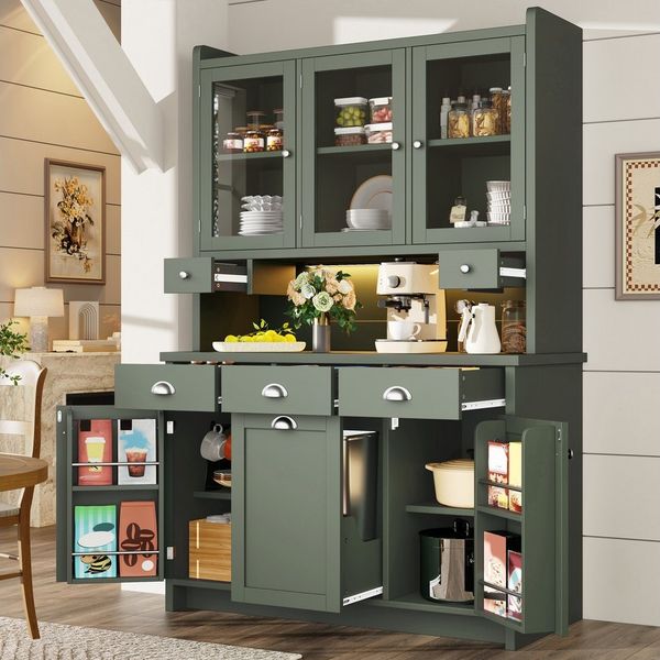 Flieks Küchenbuffet mit LED-Beleuchtung, Glastüren und verstellbarer Einlegeböden (1-St, B120/T40/H180 cm) Hochschrank Küchenschrank mit Arbeitsplatte in Retrostil Grün