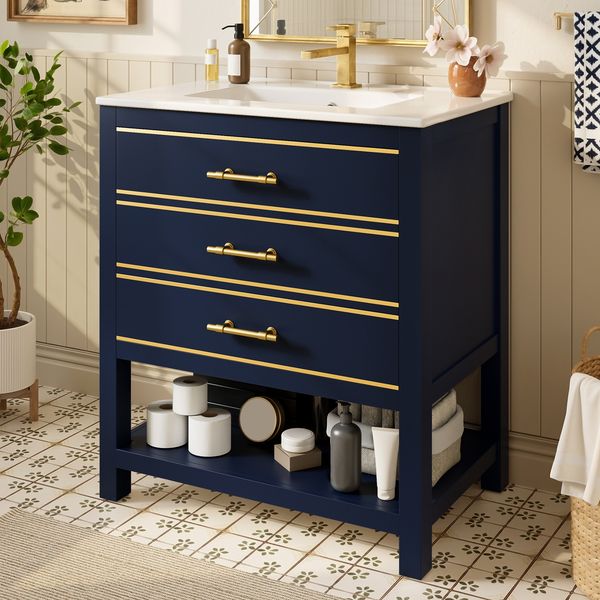 Waschtisch-Unterschrank mit Keramikbecken, 2 Schubladen & offenem Fach, 76 cm, Schwarzblau, ohne Armatur