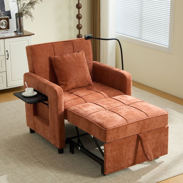 LVHOM Multifunktionaler Schlafsessel mit klappbarer Ablage, Ausziehbares 1-Sitzer Schlafsofa mit Handyhalter und Seitentaschen, Loungesessel, Orange