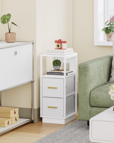 Nachttisch, Beistelltisch mit Offenes Fach, Nachttisch Schmal mit 2 Stoffschublade, Modern, für Schlafzimmer, Wohnzimmer, 30 x 24 x 60 cm, Weiß