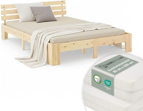 Holzbett Doppelbett 160x200 Bett mit Matratzen und Lattenrost Holzbettrahmen Natur Massiv Holz