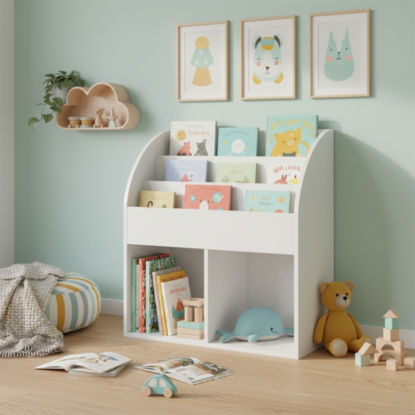 Bellabino 'Koro' Kinderbücherregal, weiß, Kinderregal mit 3 Fächern für Bücher und 2 Fächern für Aufbewahrungsboxen Bild 2