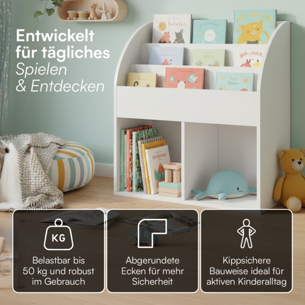 Bellabino 'Koro' Kinderbücherregal, weiß, Kinderregal mit 3 Fächern für Bücher und 2 Fächern für Aufbewahrungsboxen Bild 6