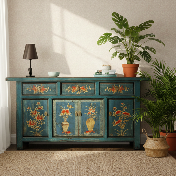 Vintage Sideboard Blau Orange Kommode chinesisch Kolonial-Stil Antik-Stil Schrank Lowboard asiatisch orientalisch Fernost shabby-chic Landhaus