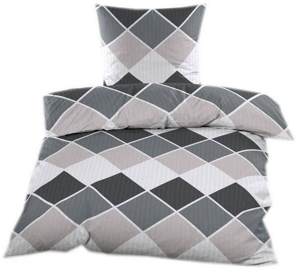Casa Colori Bettwäsche Seersucker Bettwäsche 135x200 Reißverschluss Grau Beige Karomuster, Seersucker, 2 teilig, leicht