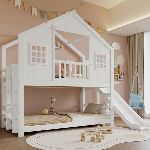 Merax Etagenbett 90x200cm (Etagenbett, 1-St, Jugendbett Stockbett Doppelbett Hausbett), Kiefernholz Kinderbett mit Kinderrutsche, Fenster, Dach & Lattenrost