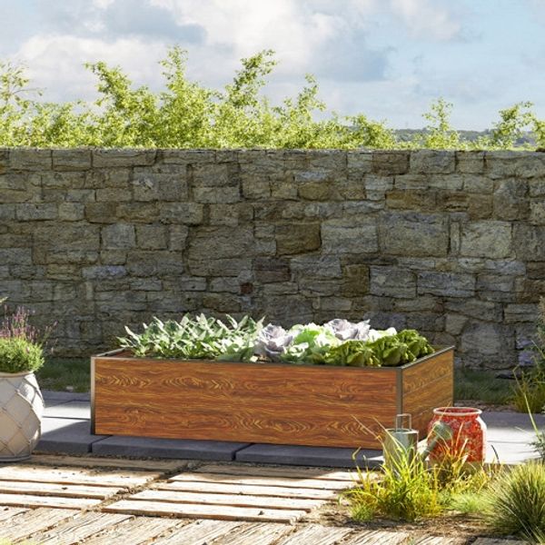 GFP HALFSIZE Aluminium Hochbeet - Platzsparendes & Stabiles Gartenbeet in Holzoptik - 195 x 99 x 39 cm - Ideales halbhohes Modell für Familien-Gartenspaß