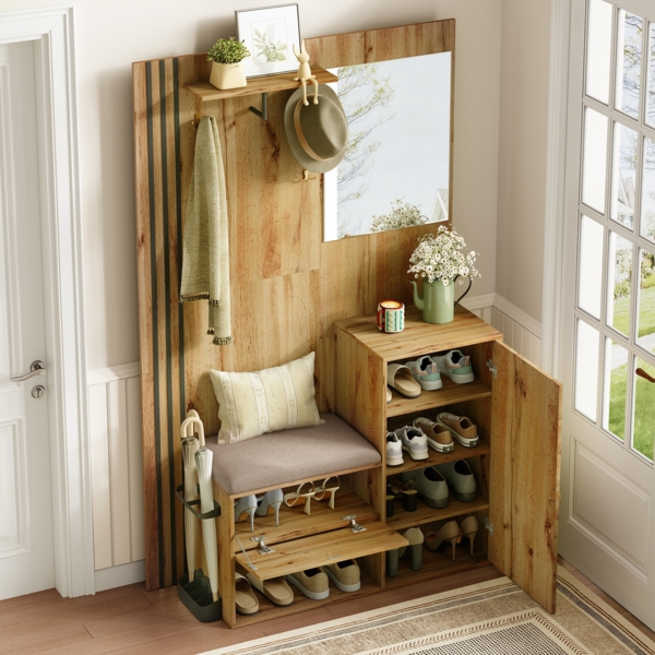 Merax Garderobenset, Kompaktgarderobe, Flurgarderobe mit Spiegel und Kissen, mit schwarzer Zierleiste und Schirmablage, Wohnwand, Regal, Flur- und Dielengarderobe, Schuhschrank