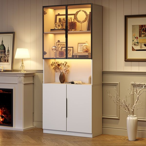 LED Vitrine 200 cm mit Glastüren, verstellbaren Böden & Aluminiumrahmen, großer Stauraum, moderner Hochschrank Wohnzimmer