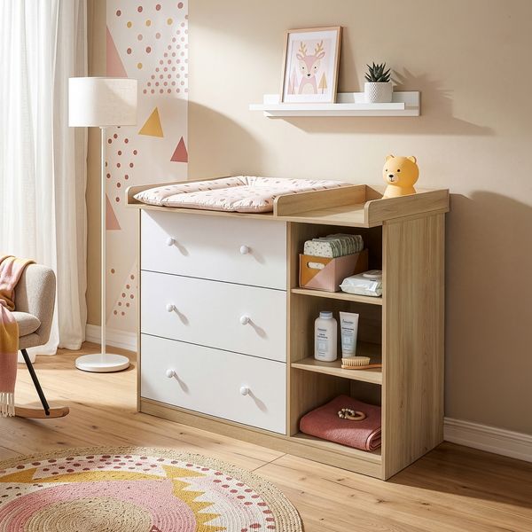 Wickelkommode Beldinupp mit Wickelaufsatz 93 x 110 x 55 cm Eicheoptik/Weiß [en. casa]