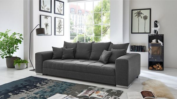 Massivart® Big-Sofa grau Stoffbezug 254 cm / Nosagfederung / 4-Sitzer / BORNEO, Rücken echt bezogen / inklusive Kissen Set