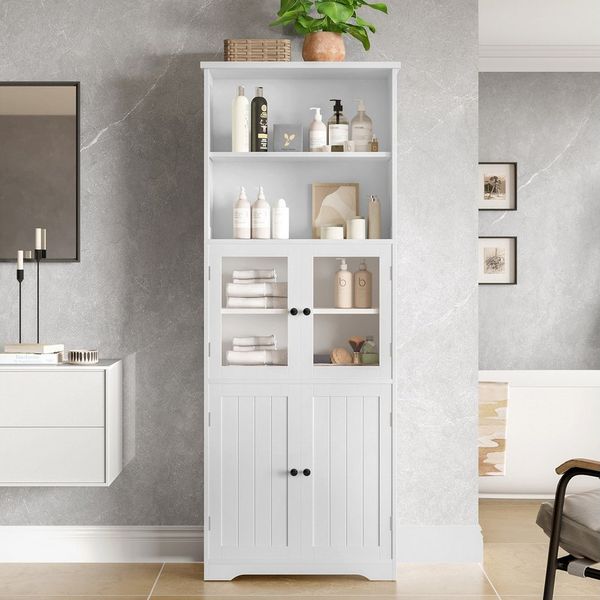 Flieks Hochschrank Badkommode Holzschrank mit Glastüren und Holztüren Standvitrine (B57,4/T28,4/H162,5 cm, 1-St, feuchtigkeitsbeständige Farbe) Badezimmerschrank mit 6 Fächern und verstellbare Einlegeböden weiß