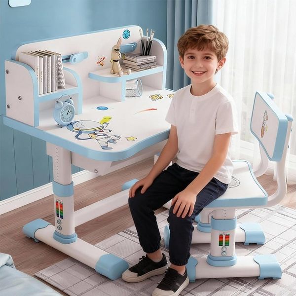 TUWENA Kinderschreibtisch Kinderschreibtisch Stuhl Set, Schreibtisch Höhenverstellbar Schubladen, Ergonomisch Schreibtischstuhl mit Buchständer, Fußpedal Cartoon-Muster