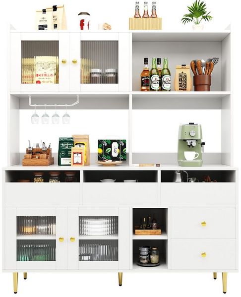 Celya Hochschrank Restaurant-Hochschrank,Glastür, Weinglasregal,mehrschichtigem Stauraum (145x39x171 cm) elegantes Weiß mit Golddekoration, geeignet für Restaurants