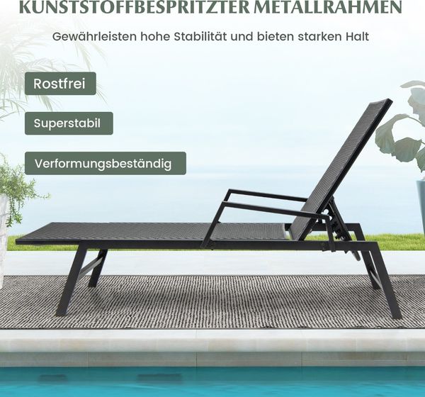 Sonnenliege Rattan Gartenliege mit Verstellbarer Rückenlehne und Armlehnen 167–193 x 59 x 33–93 cm Braun