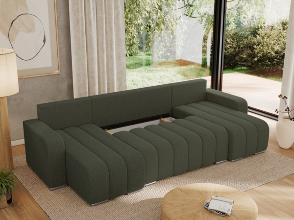 U-förmiges Ecksofa mit Schlaffunktion und Bettkasten, Couch U-form - KIRASSO U - Grün Boucle Bild 5