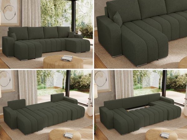 U-förmiges Ecksofa mit Schlaffunktion und Bettkasten, Couch U-form - KIRASSO U - Grün Boucle Bild 2