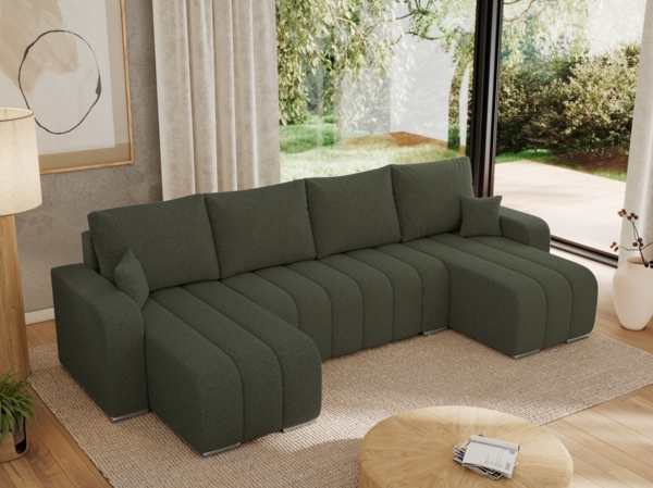U-förmiges Ecksofa mit Schlaffunktion und Bettkasten, Couch U-form - KIRASSO U - Grün Boucle Bild 4