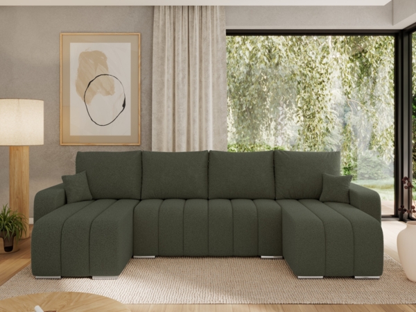 U-förmiges Ecksofa mit Schlaffunktion und Bettkasten, Couch U-form - KIRASSO U - Grün Boucle Bild 3