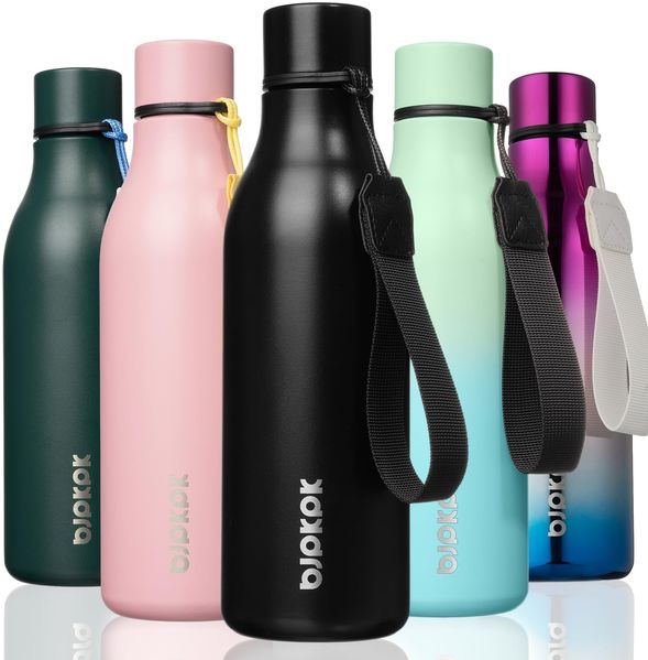 BJPKPK Isolierte Wasserflaschen, 530 ml Edelstahl Metall Trinkflasche Mit Trageriemen, BPA Frei Wasserdicht Thermos, Flaschen, Wiederverwendbare Thermosflasche Für Sport & Reisen, Schwarz