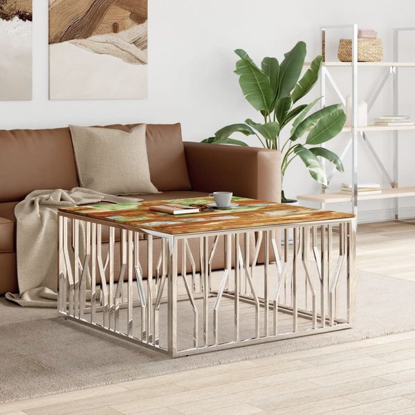 vidaXL Couchtisch Silbern Edelstahl und Altholz Massiv 350072
